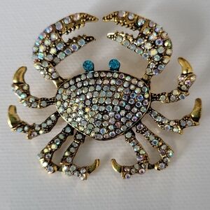 Goldtone  and AB Rhinestones Crab Brooch